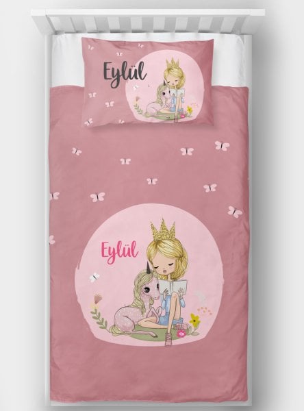 Kişiye Özel Tek Kişilik Yatak Örtüsü Unicorn ve Prenses