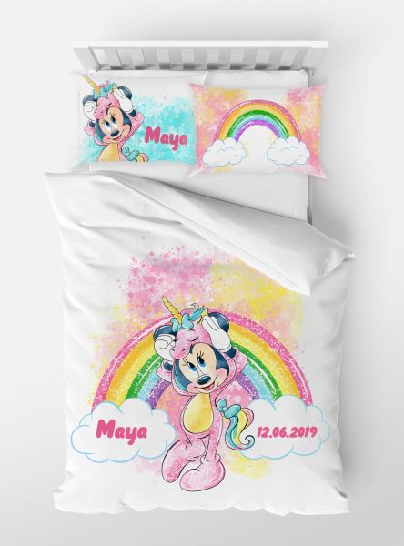 Kişiye Özel Tek Kişilik Nevresim Seti Minnie Mouse 180x235 Lastiksiz %100 Pamuk Çarşaf