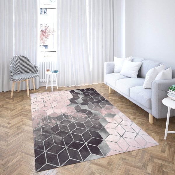 Dijital Baskı Salon Halısı Petek Pembe