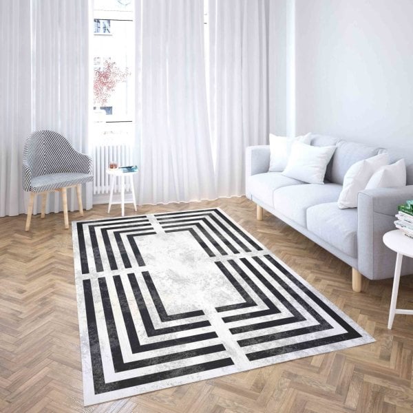 Dijital Baskı Salon Halısı Labirent Siyah