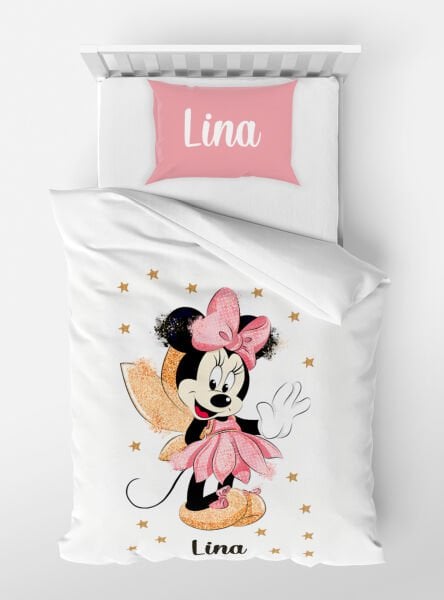 Kişiye Özel Tek Kişilik Micro Saten Nevresim Minnie Moue