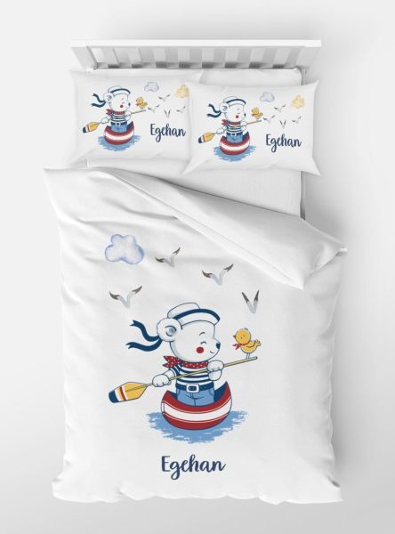 Kişiye Özel Tek Kişilik Nevresim Takımı Denizci Ayı 180x235 Lastiksiz %100 Pamuk Çarşaf