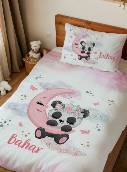 Kişiye Özel Tek Kişilik Nevresim Takımı Sevimli Panda 180x235 Lastiksiz %100 Pamuk Çarşaf