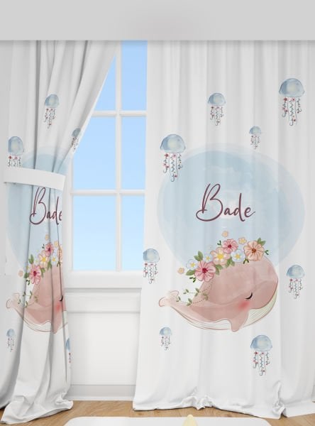 Kişiye Özel Baskılı Fon Perde Pembe Balina