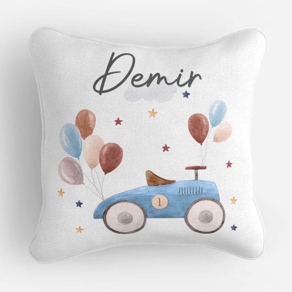 Kişiye Özel Çift Taraflı Kare Kırlent Kılıfı Balonlu Araba