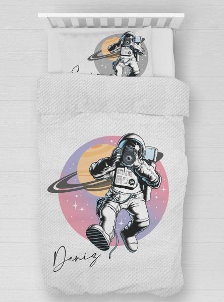 Kişiye Özel %100 Pamuk Tek Kişilik Pike Seti Astronot