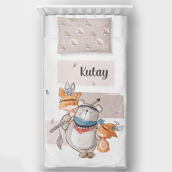 Kişiye Özel Tek Kişilik Yatak Örtüsü Ayı ve Tilki