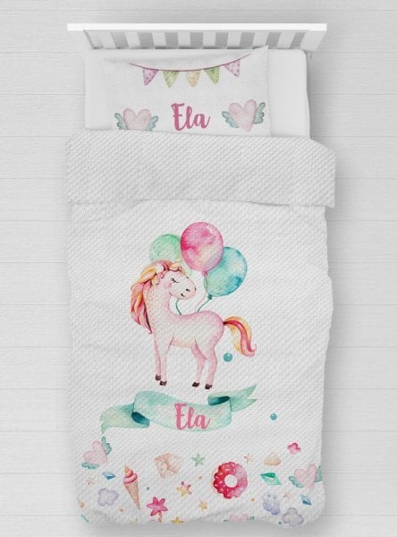 Kişiye Özel %100 Pamuk Tek Kişilik Pike Seti Balonlu Unicorn