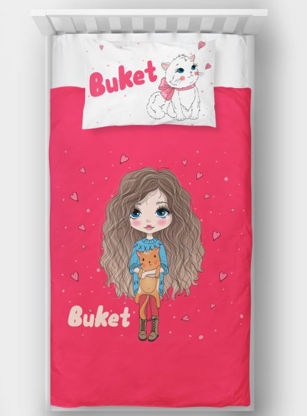 Kişiye Özel Tek Kişilik Yatak Örtüsü Kedili Kız