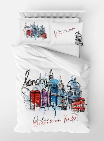 Kişiye Özel Tek Kişilik Nevresim Takımı Londra 180x235 Lastiksiz %100 Pamuk Çarşaf