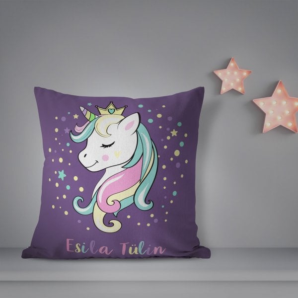 Kişiye Özel Çift Taraflı Kare Kırlent Kılıfı Unicorn