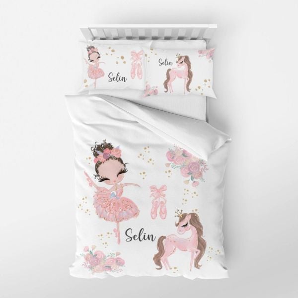 Kişiye Özel Tek Kişilik Nevresim Takımı Unicorn ve Balerin