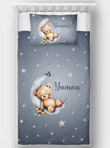 Kişiye Özel Tek Kişilik Yatak Örtüsü Aydaki Ayı