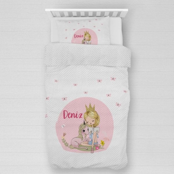 Kişiye Özel %100 Pamuk Tek Kişilik Pike Seti Unicorn ve Prenses