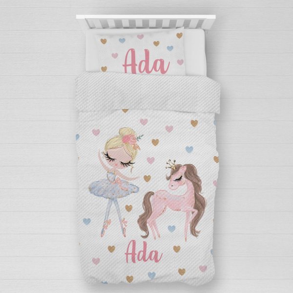 Kişiye Özel %100 Pamuk Tek Kişilik Pike Seti Unicorn ve Balerin