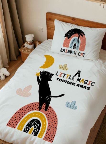 Kişiye Özel Tek Kişilik Nevresim Takımı Kara Kedi