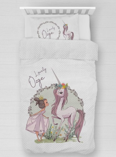 Kişiye Özel %100 Pamuk Tek Kişilik Pike Seti Unicorn