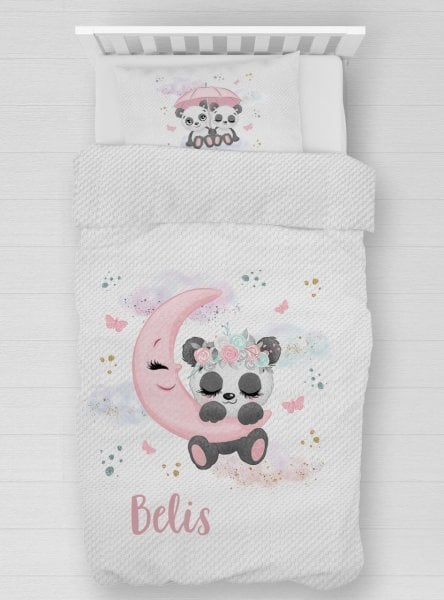 Kişiye Özel %100 Pamuk Tek Kişilik Pike Seti Sevimli Panda