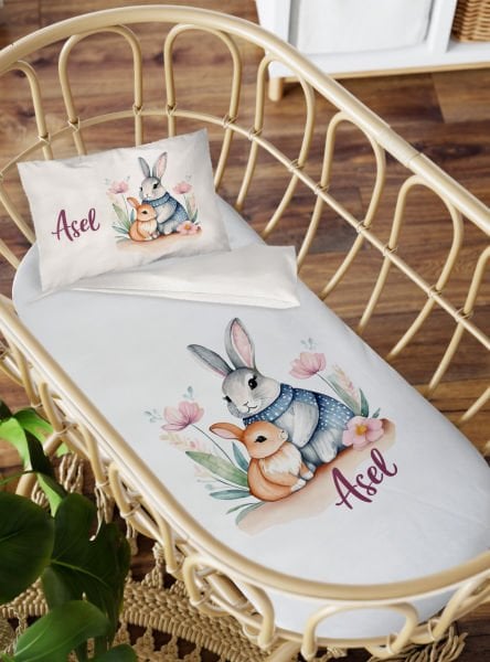 Anne Yanı Beşik Nevresim Takımı Anne Bebek Tavşan