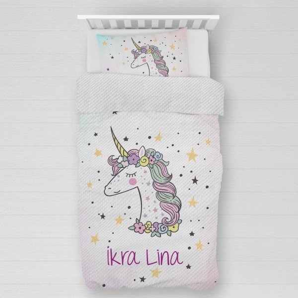 Kişiye Özel %100 Pamuk Tek Kişilik Pike Seti Unicorn