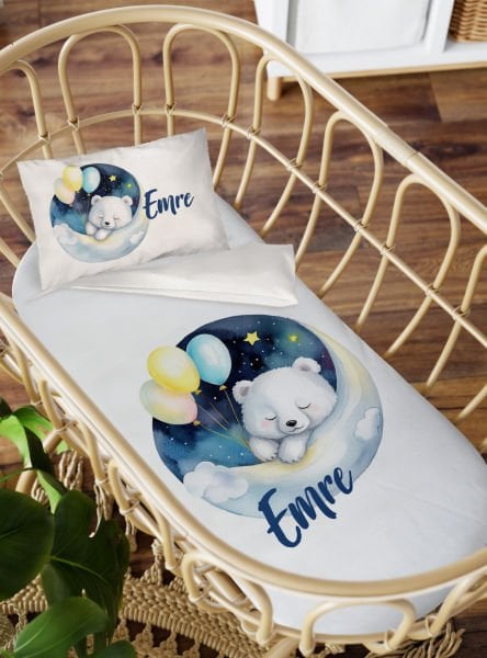 Anne Yanı Beşik Nevresim Takımı Balonlu Beyaz Ayı
