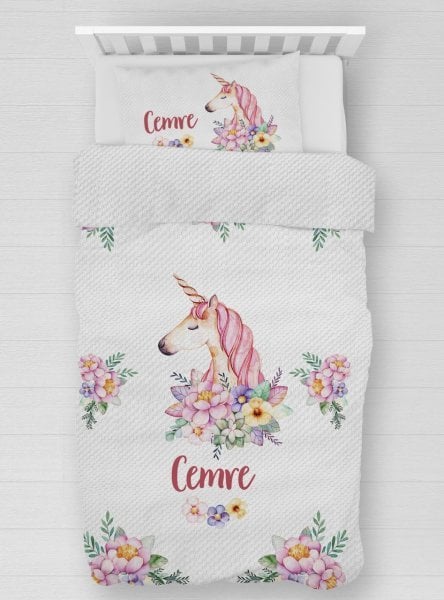 Kişiye Özel %100 Pamuk Tek Kişilik Pike Seti Unicorn