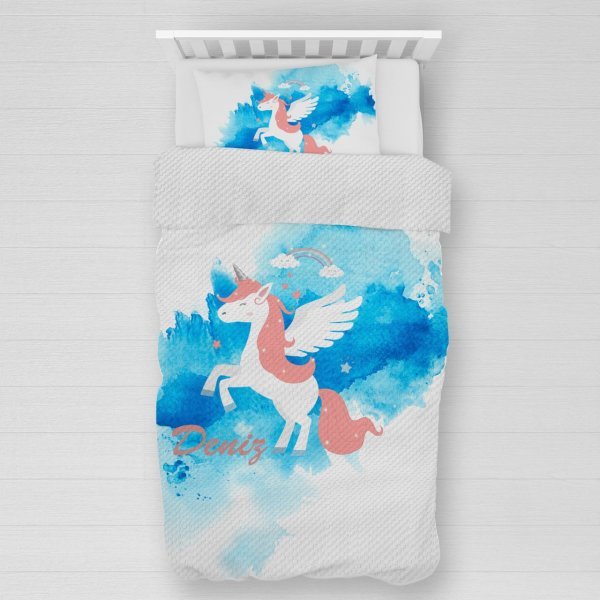 Kişiye Özel %100 Pamuk Tek Kişilik Pike Seti Unicorn