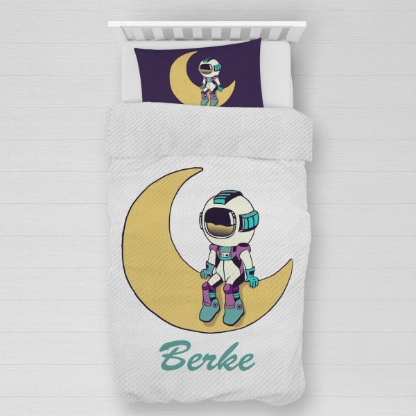 Kişiye Özel %100 Pamuk Tek Kişilik Pike Seti Astronot