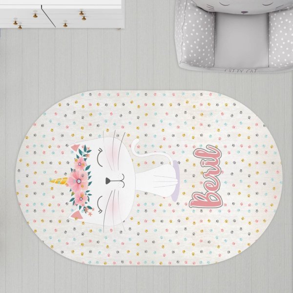 Oval Çocuk Odası Halısı Kedi