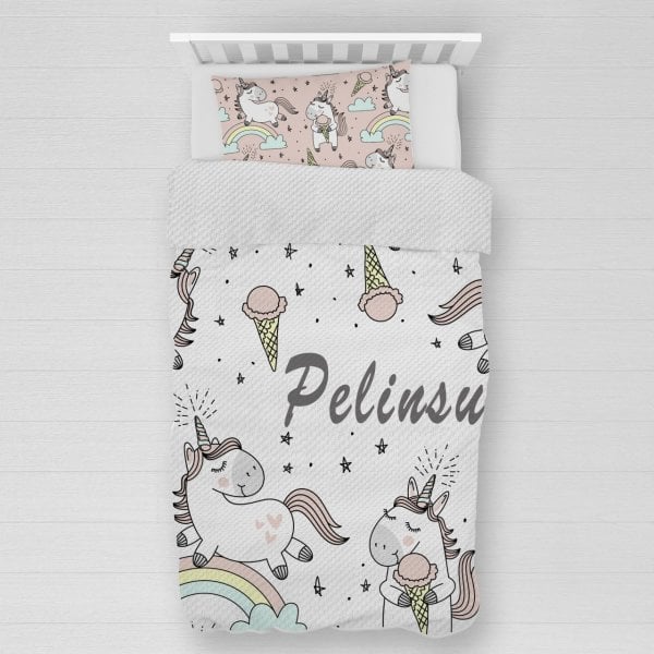 Kişiye Özel %100 Pamuk Tek Kişilik Pike Seti Unicorn