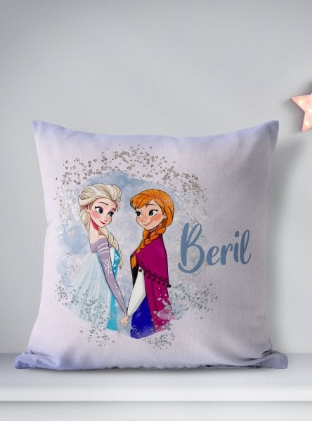 Kişiye Özel Çift Taraflı Kare Kırlent Kılıfı Elsa Anna