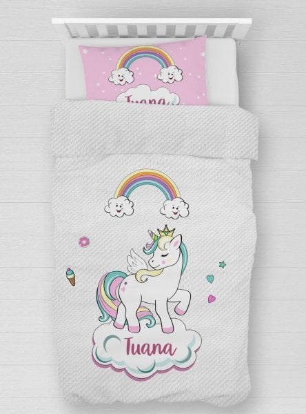 Kişiye Özel %100 Pamuk Tek Kişilik Pike Seti Unicorn