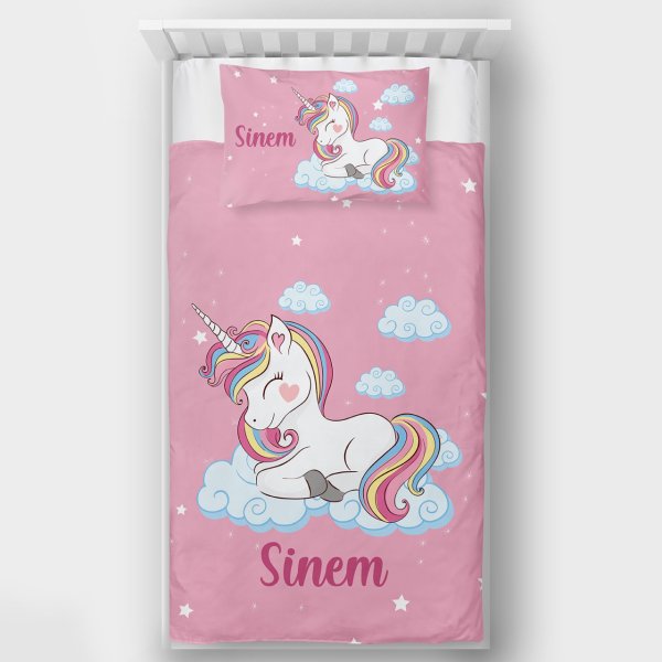 Kişiye Özel Tek Kişilik Yatak Örtüsü Sevimli Unicorn