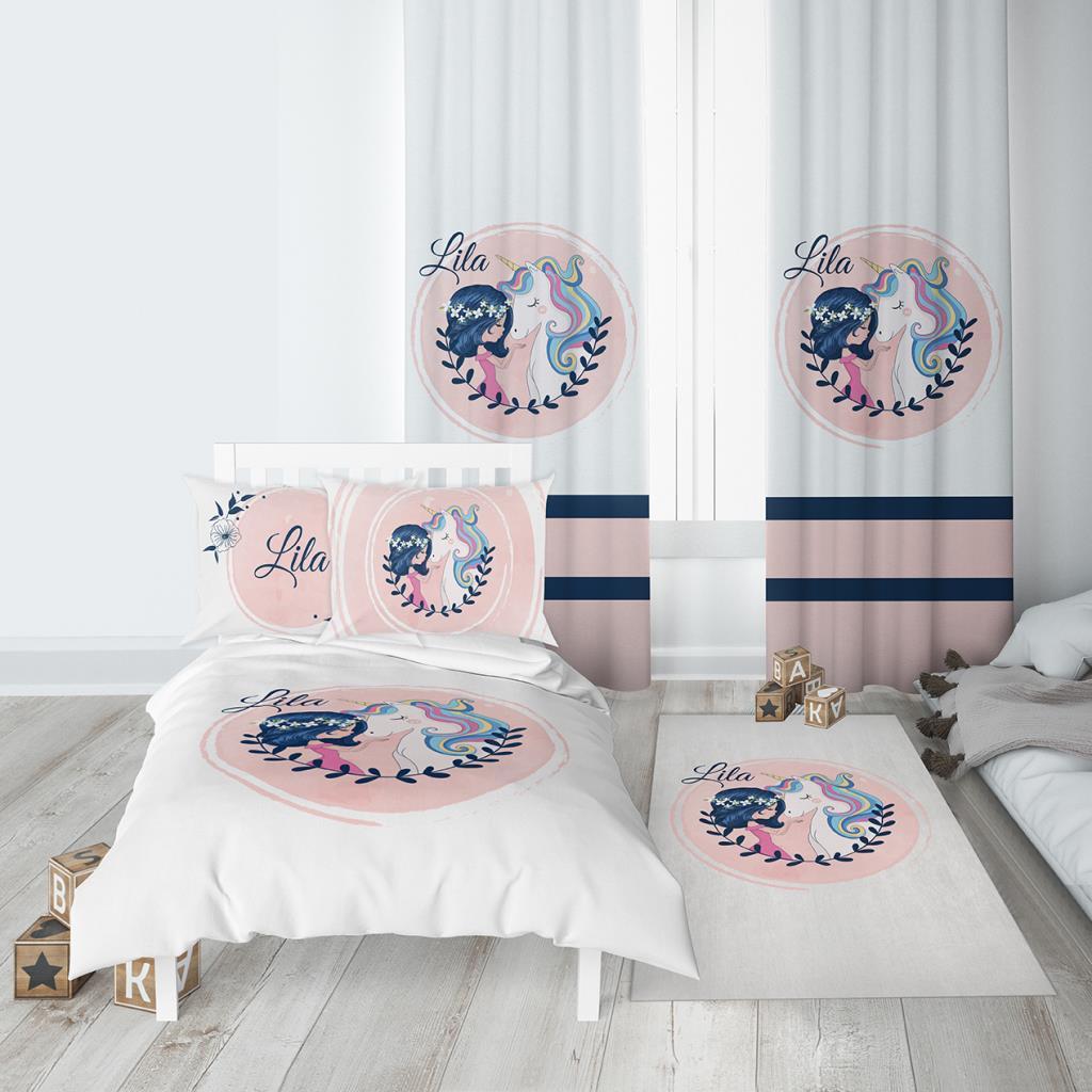 Kişiye Özel Fon Perde Unicorn ve Kız Çift Kanat 140x260cm (2 adet)