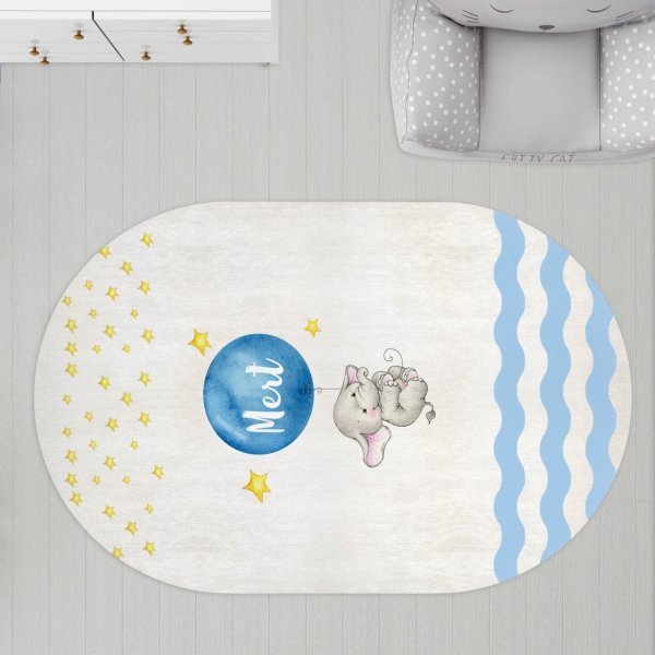 Oval Çocuk Odası Halısı Balonlu Fil