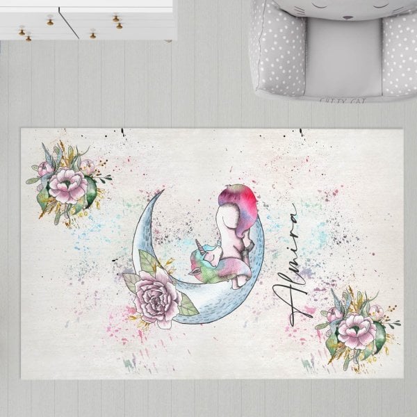 Kişiye Özel Dijital Baskı Halı Aydaki Unicorn