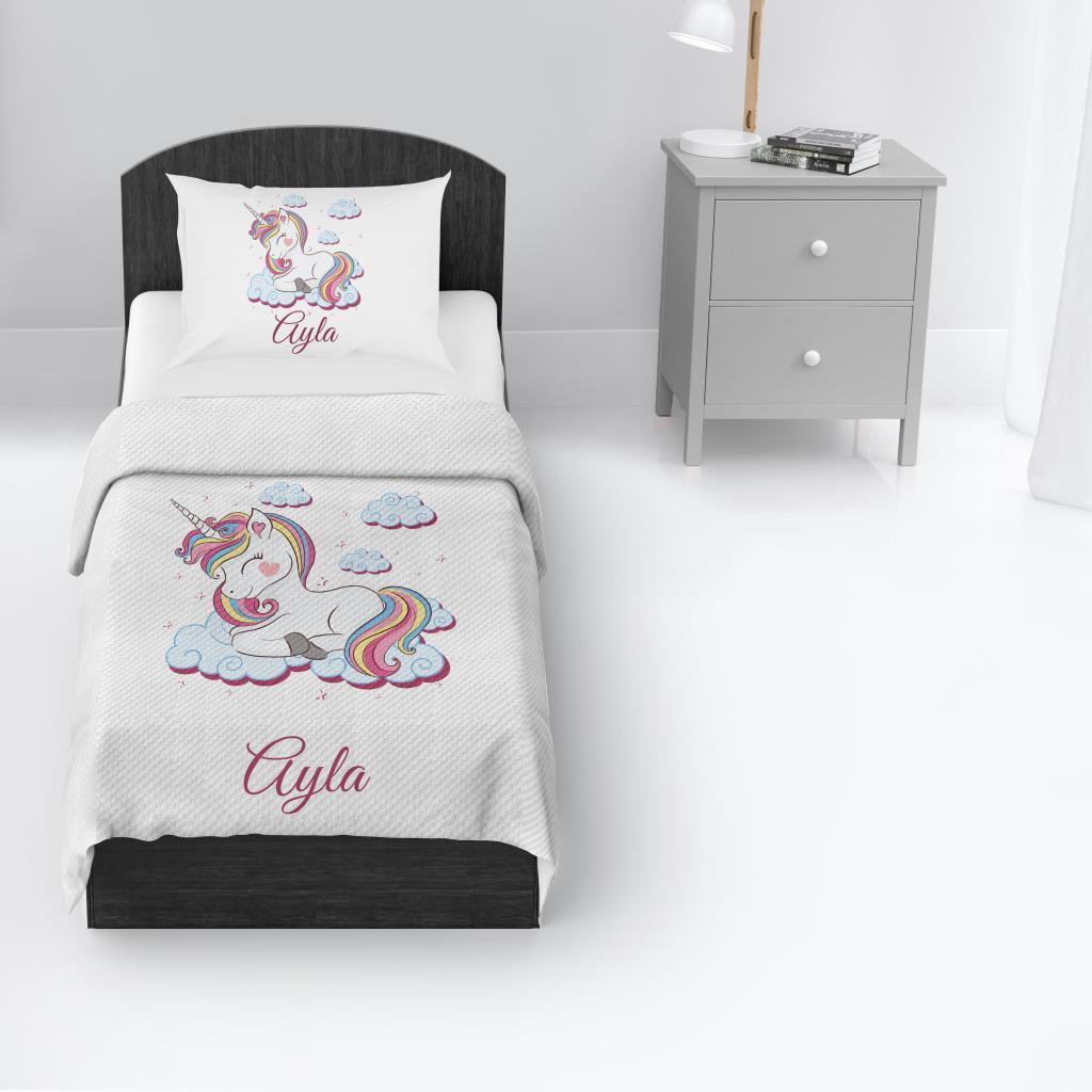Kişiye Özel %100 Pamuk Tek Kişilik Pike Seti Unicorn