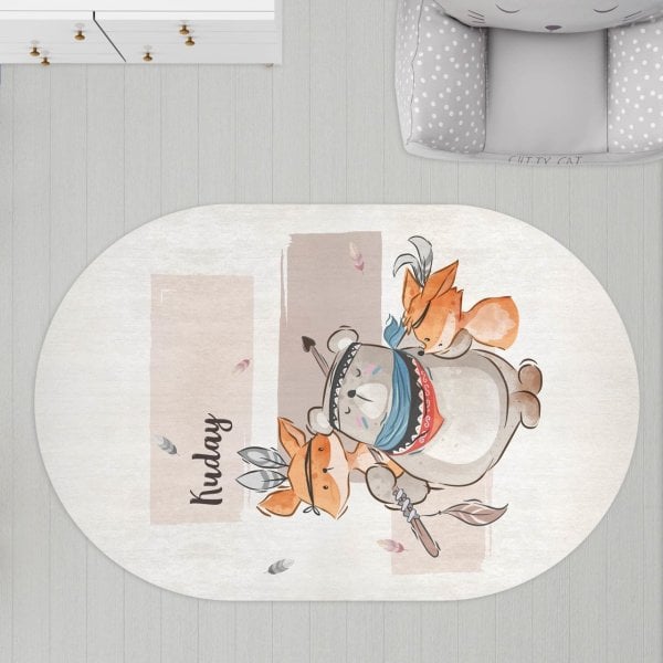 Oval Çocuk Odası Halısı Ayı ve Tilki