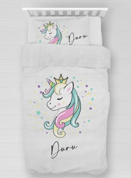 Kişiye Özel %100 Pamuk Tek Kişilik Pike Seti Unicorn