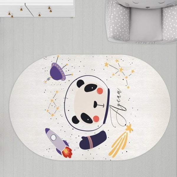 Oval Çocuk Odası Halısı  Panda Uzayda