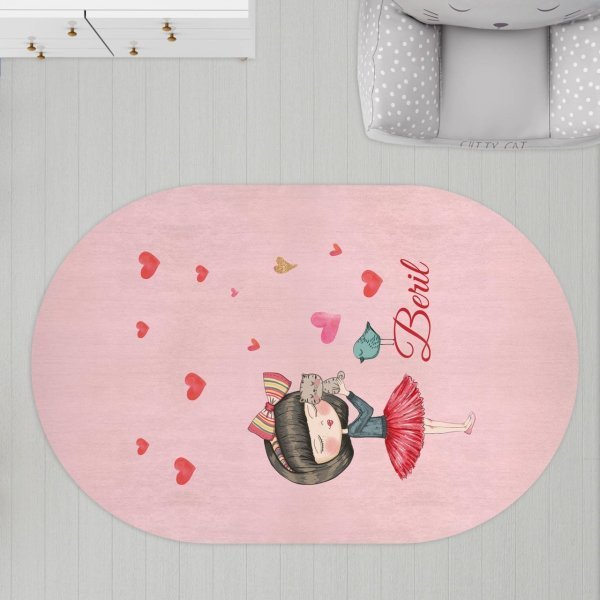 Oval Çocuk Odası Halısı Sevimli Kedi