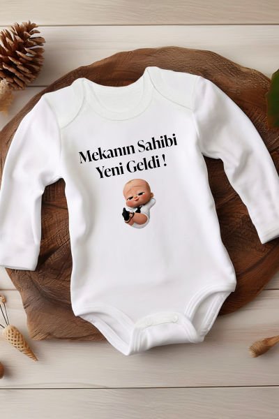 Mekanın Sahibi Yazılı Beyaz Uzun Kollu Bebek Body