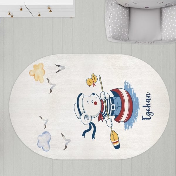 Oval Çocuk Odası Halısı Denizci Ayı