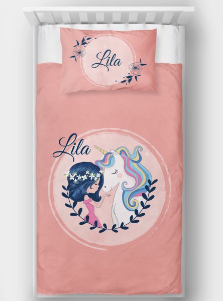 Kişiye Özel Tek Kişilik Yatak Örtüsü Unicorn ve Kız