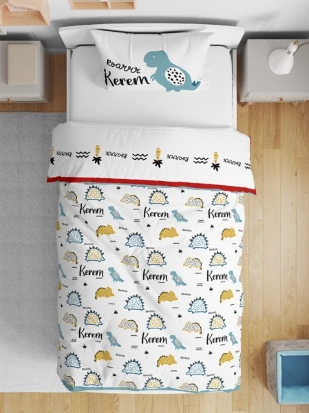 Çift Taraflı Pamuk Saten Nevresim Seti Dinozor