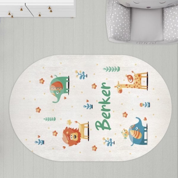Oval Çocuk Odası Halısı Hayvanlar