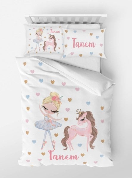 Kişiye Özel Tek Kişilik Micro Saten Nevresim Unicorn ve Balerin