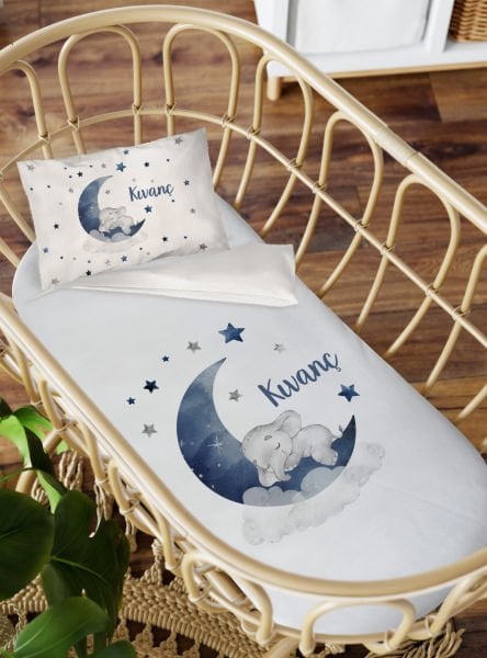 Anne Yanı Beşik Nevresim Takımı Mavi Aydaki Fil