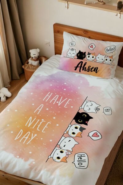 Kişiye Özel Tek Kişilik Nevresim Takımı Kediler