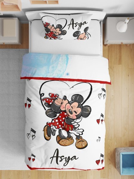 Çift Taraflı Pamuk Saten Nevresim Seti Mickey Mouse Çarşafsız